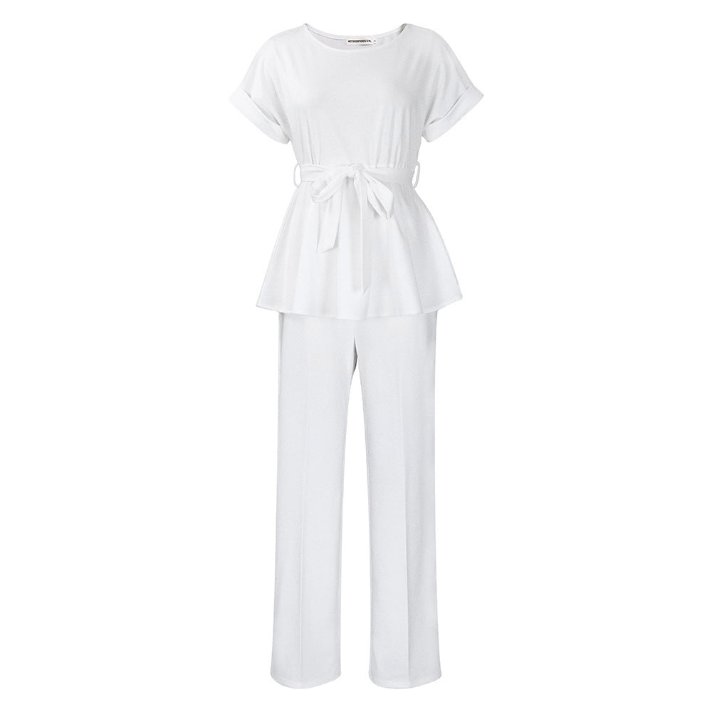 Solid Color Lace-up Top High Waist Wide Leg Pants Fashion