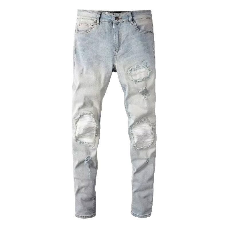 Hole Patch Jeans Men's Fashion Brand Stretch Slim Fit Feet Washed All-matching