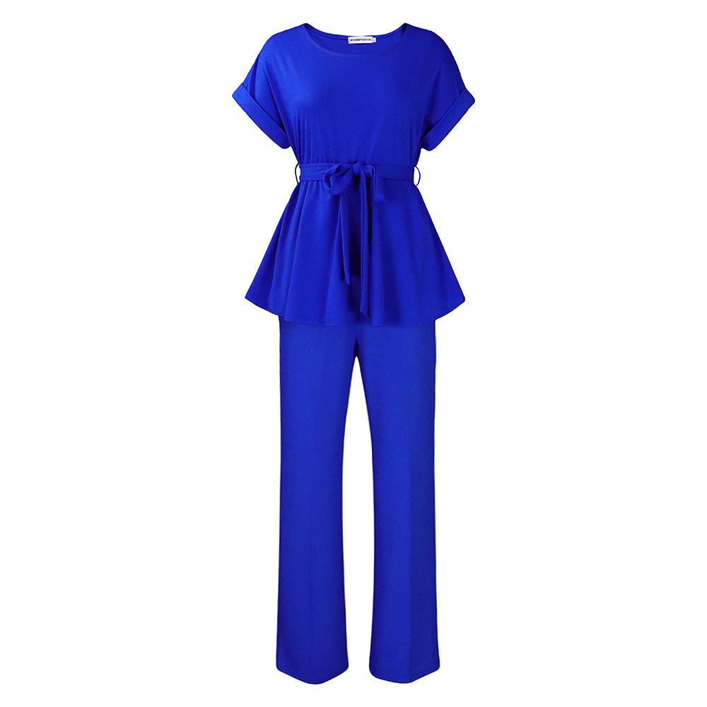 Solid Color Lace-up Top High Waist Wide Leg Pants Fashion