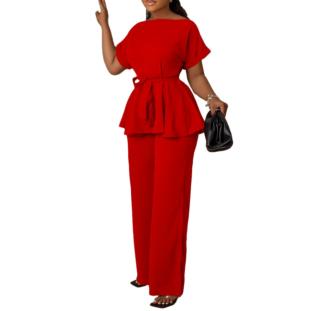 Solid Color Lace-up Top High Waist Wide Leg Pants Fashion
