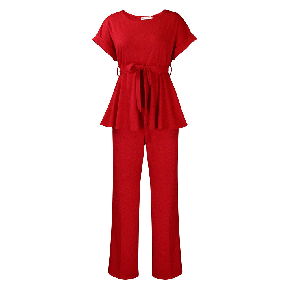 Solid Color Lace-up Top High Waist Wide Leg Pants Fashion