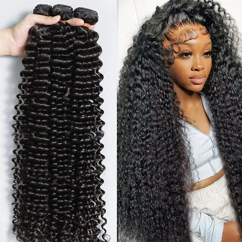 30 Inch Deep Wave 4PCs  Bundles Deal Malaysian Human Hair Weave Bundles 100% Virgin Deep Water Curly Bundles Extensions Tissage