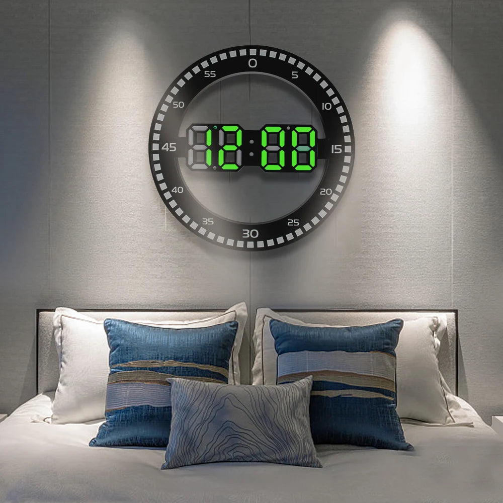 3D Digital Circular Luminous Alarm with Calendar LED Wall Clock for Living Room Home Decoration Temperature Thermometer Silent