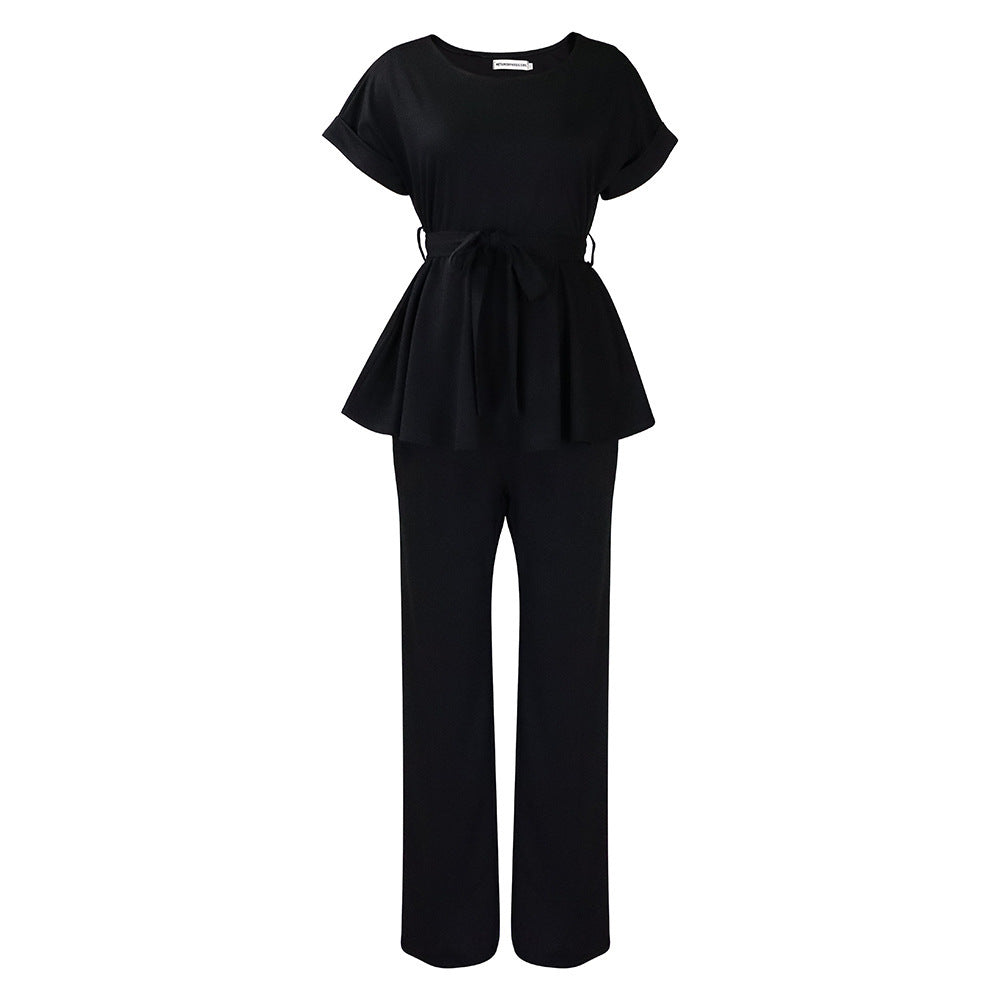 Solid Color Lace-up Top High Waist Wide Leg Pants Fashion
